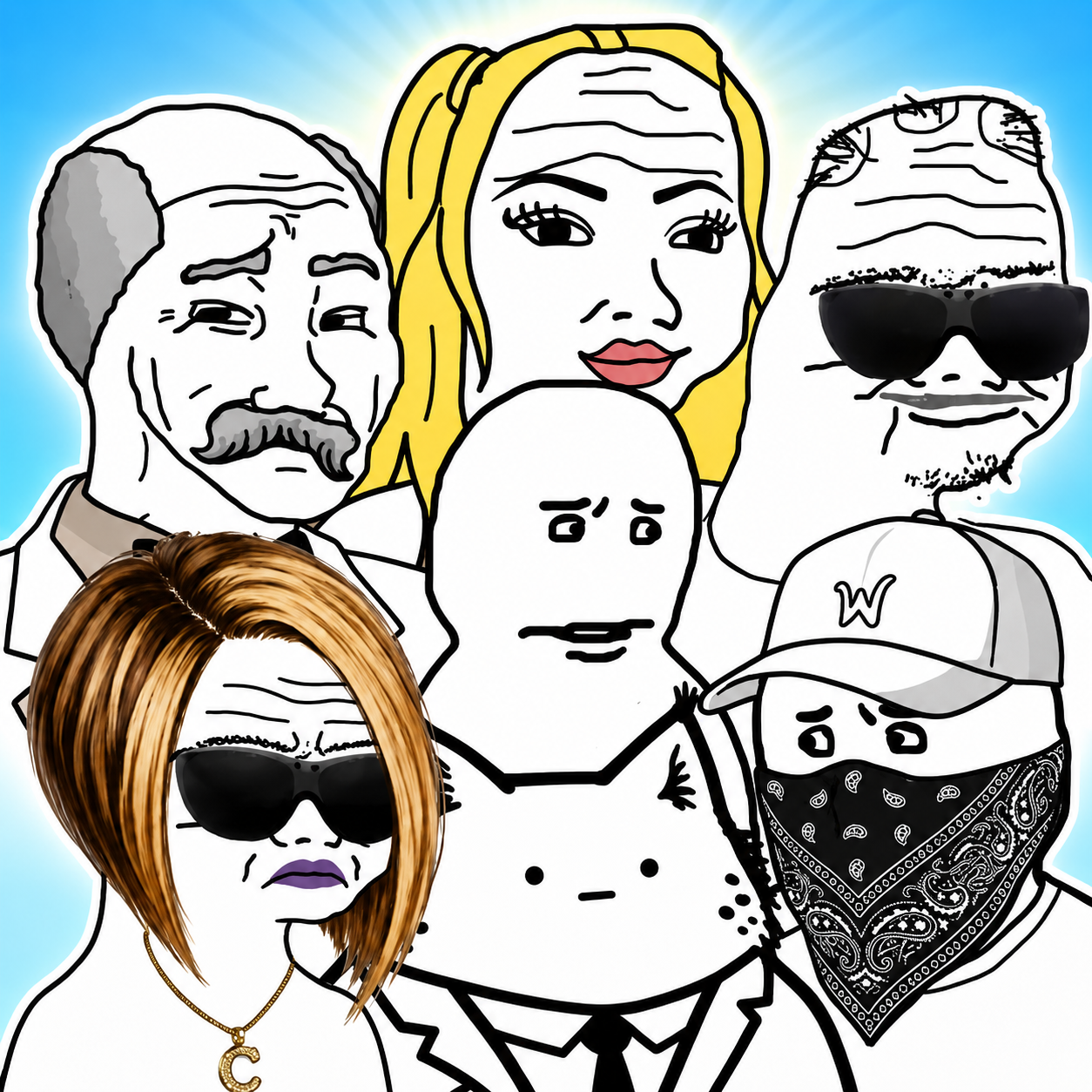 The whole $GANG crew on a cyan background