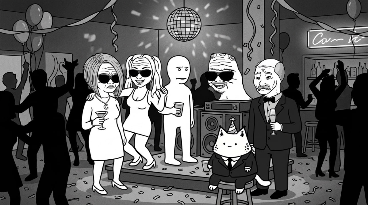 The gang partying under a disco ball